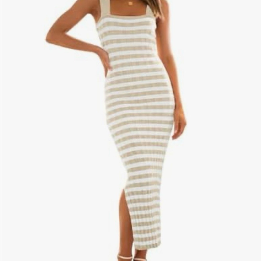 Striped Apricot and White Stretch Knit Midi Dress